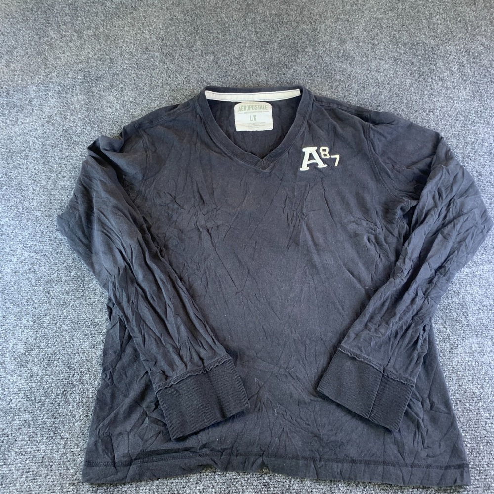 Aeropostale A87 T-Shirt Mens Large Black Good Long Sleeve V-Neck Cotton Logo
